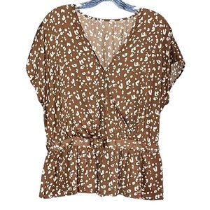 Nine West Short Sleeve Leopard Print V Neck Blouse